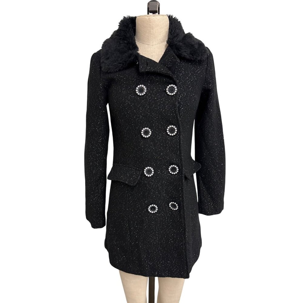 Star By Julien Macdonald Girls Black Sparkle Double-Breasted Coat With Faux Fur